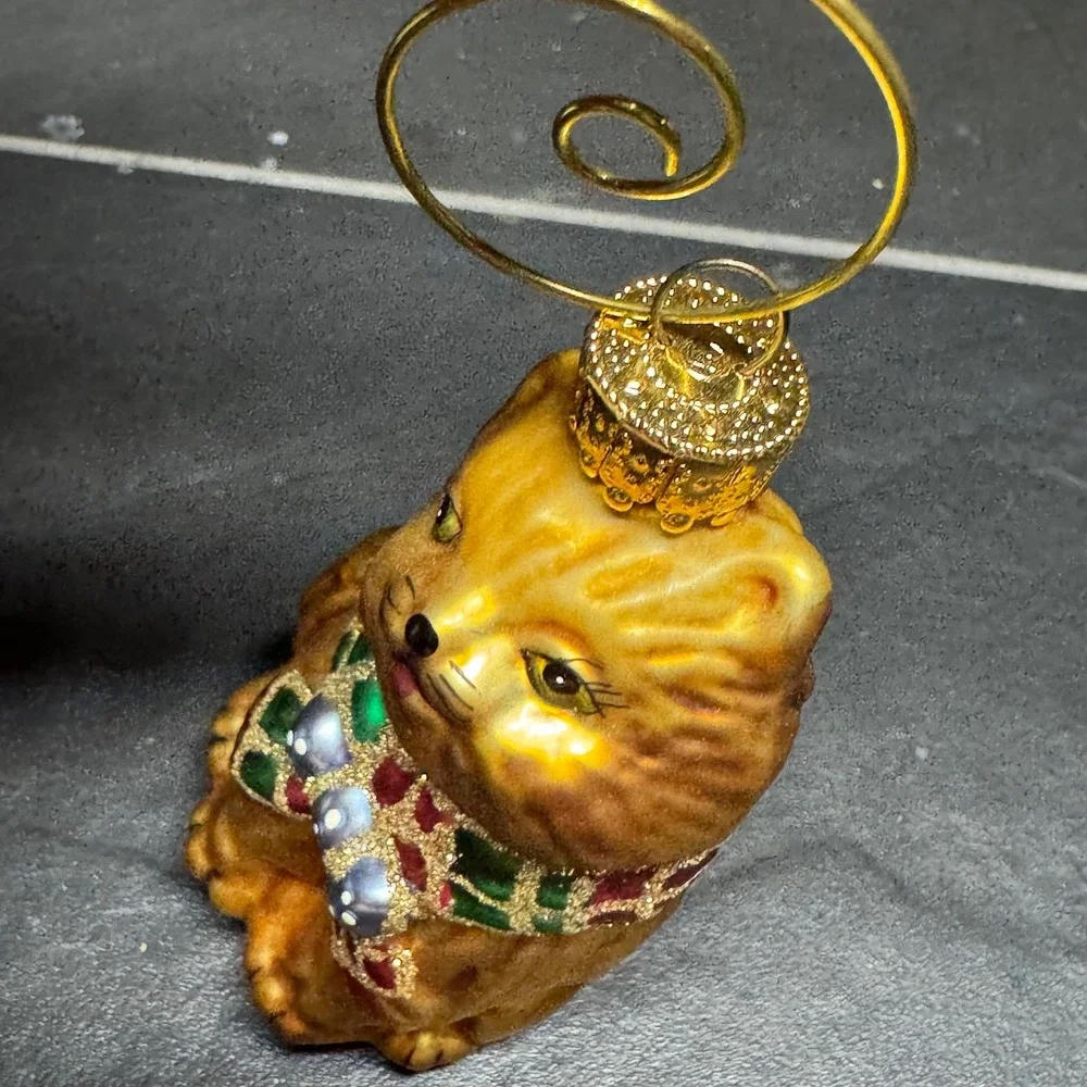 Vintage Blown Glass Cat Christmas Ornament Gold Tabby with Glitter Scarf 3 Inch